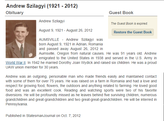 Andrew Szilagyi obit